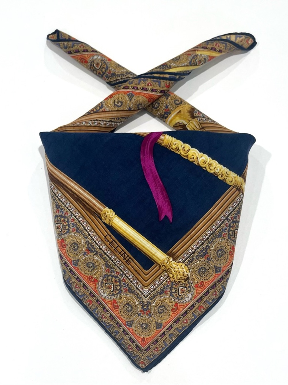 Celine Navy Blue Multicolor Scarf with Gold Motif